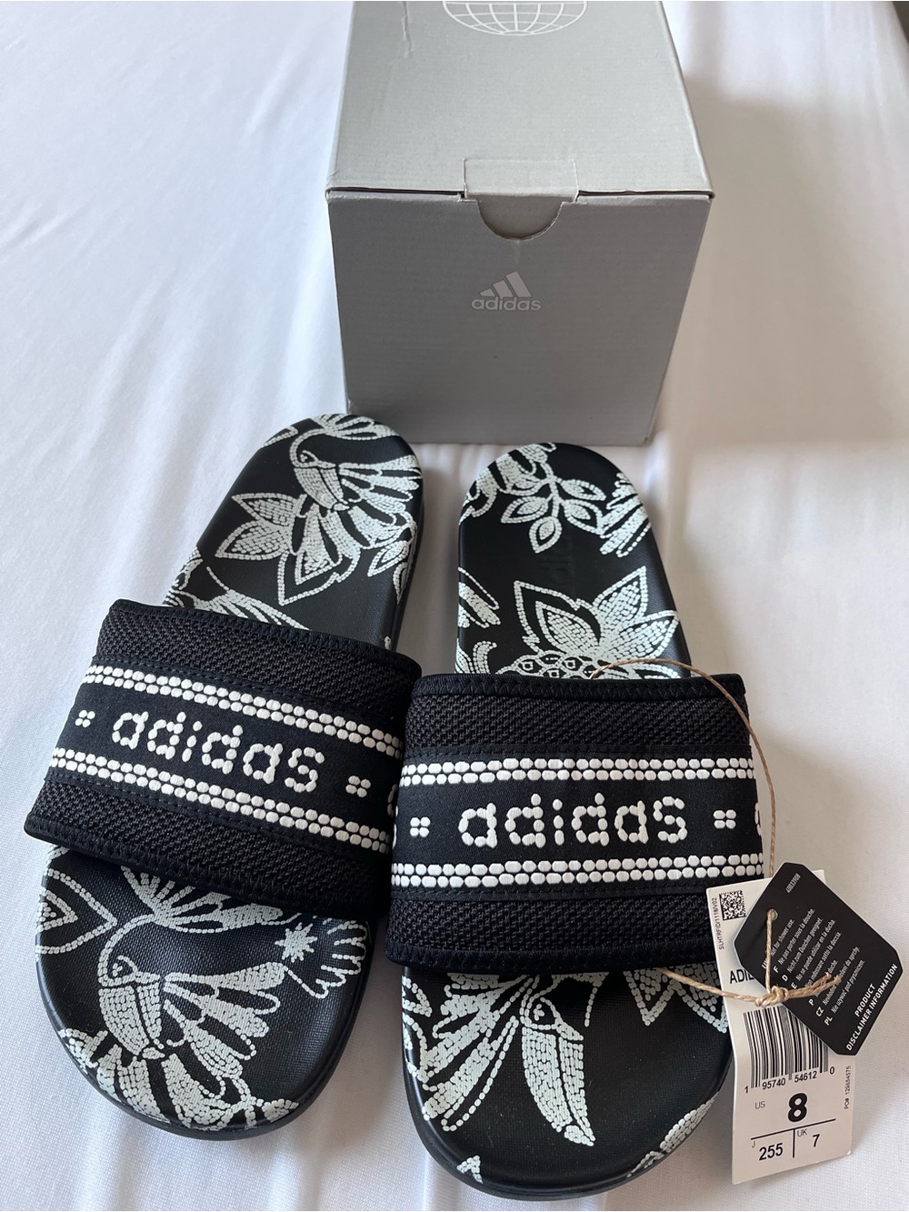 adidas Black and White Floral Slide Sandals